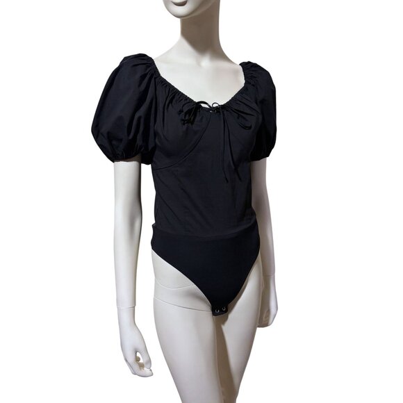 New Express Bodysuit S Puff Sleeves Poplin Bow Off Shoulder Goth Twee Minimalist - Picture 1 of 6